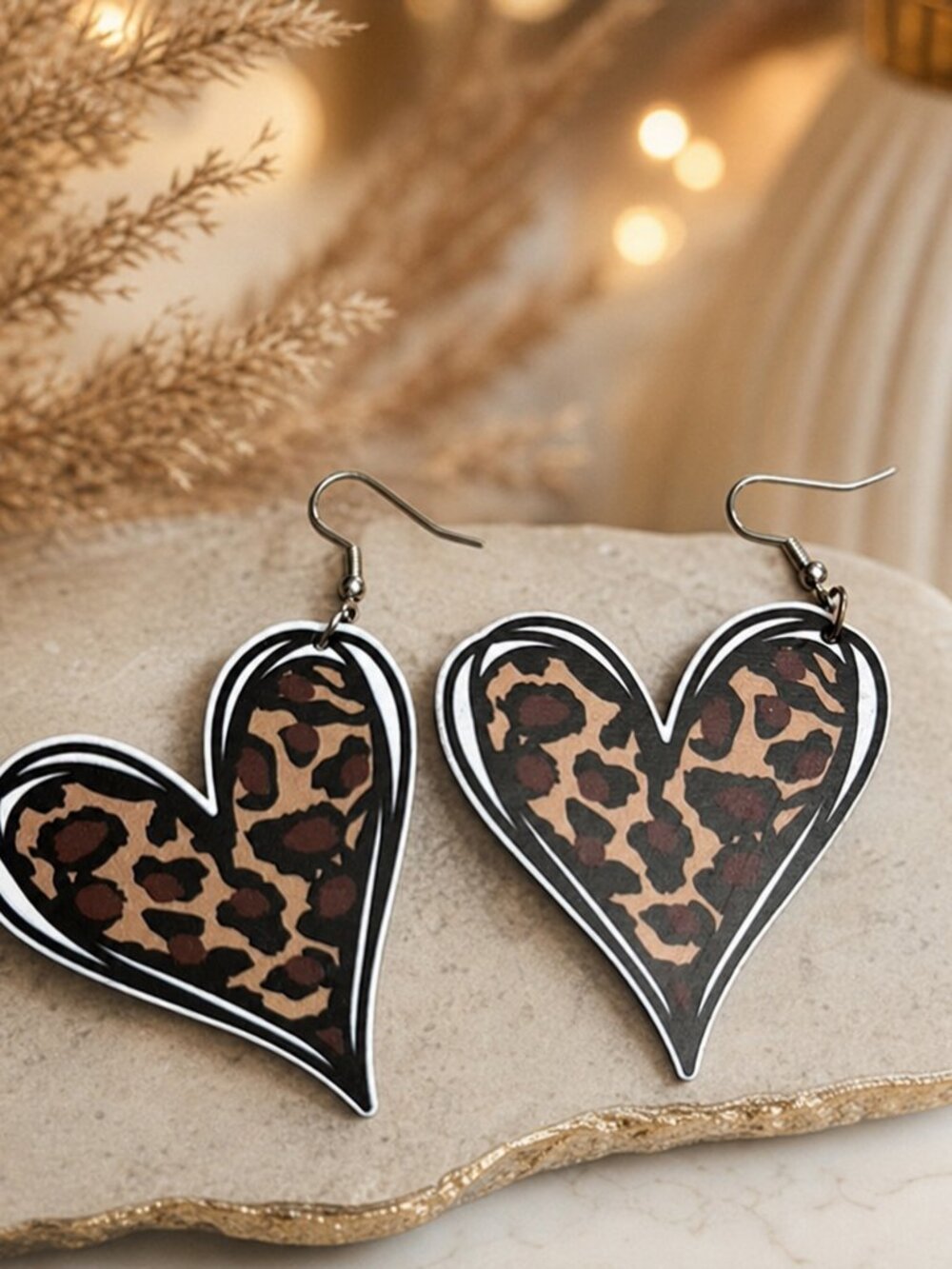Leopard Print Heart Wooden Earrings NWOT